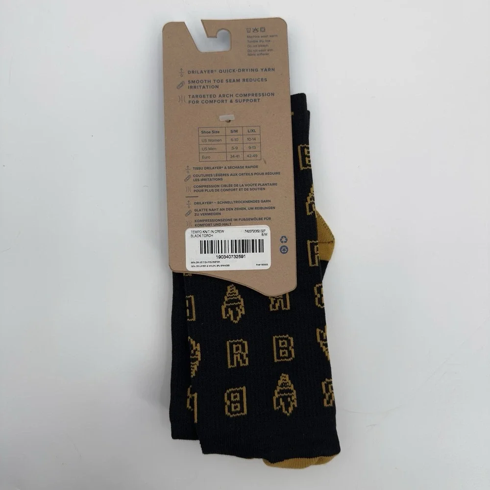 Brooks Unisex Tempo Knit‎ In Crew Black Torch Running Socks Size S/M NEW